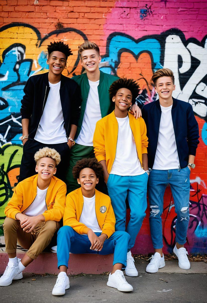 A group of stylish young boys showcasing diverse modern fashion trends, laughing and enjoying their time together in a city park. They exhibit a mix of clothing styles, from sporty to casual chic, surrounded by colorful graffiti walls and urban scenery. The atmosphere is vibrant, reflecting positivity and friendship, with warm sunlight creating a cheerful ambiance. dynamic composition, bright colors, candid expressions. super-realistic. vibrant colors.