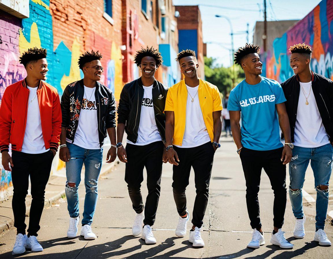 A group of young men of diverse backgrounds wearing stylish, modern fashion, engaging in community activities like volunteering or sports. Show them interacting positively, with smiles and laughter, in a vibrant urban setting. Incorporate elements like fashion accessories, graffiti art in the background, and a sunny atmosphere. Emphasize camaraderie and support through their body language and expressions. super-realistic. vibrant colors. 3D.