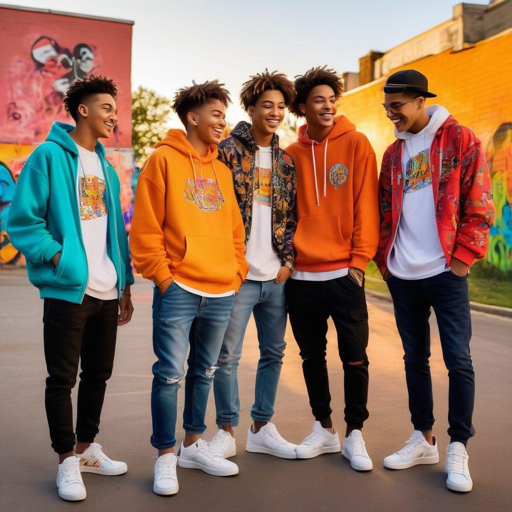 A group of stylish teenage boys dressed in trendy outfits, laughing and sharing secrets in an urban park setting. The background features colorful street art and a warm sunset, symbolizing friendship and unity. Each boy has a unique fashion style that reflects current trends, such as oversized hoodies, accessories, and bold sneaker choices. Capture the joy and bond of friendship among these trendsetters. vibrant colors. urban style. painting.